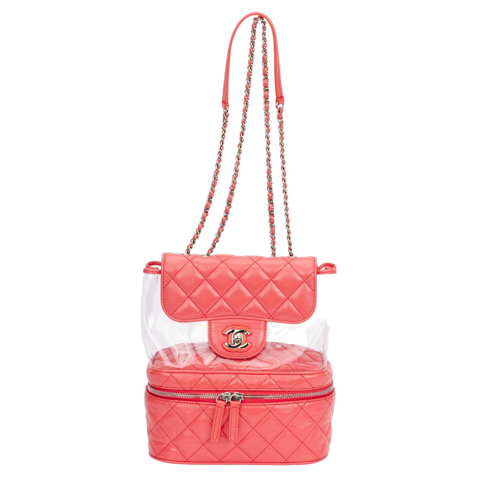 Chanel Pink PVC 2-Way Tote Bag with Hologram and Dust Cover: Chanel Pink PVC 2-Way Tote Bag with Hologram and Dust Cover This stunning Chanel Pink PVC Shoulder Tote Bag is a fashionable accessory that combines style and functionality. Designed for versatility, 
