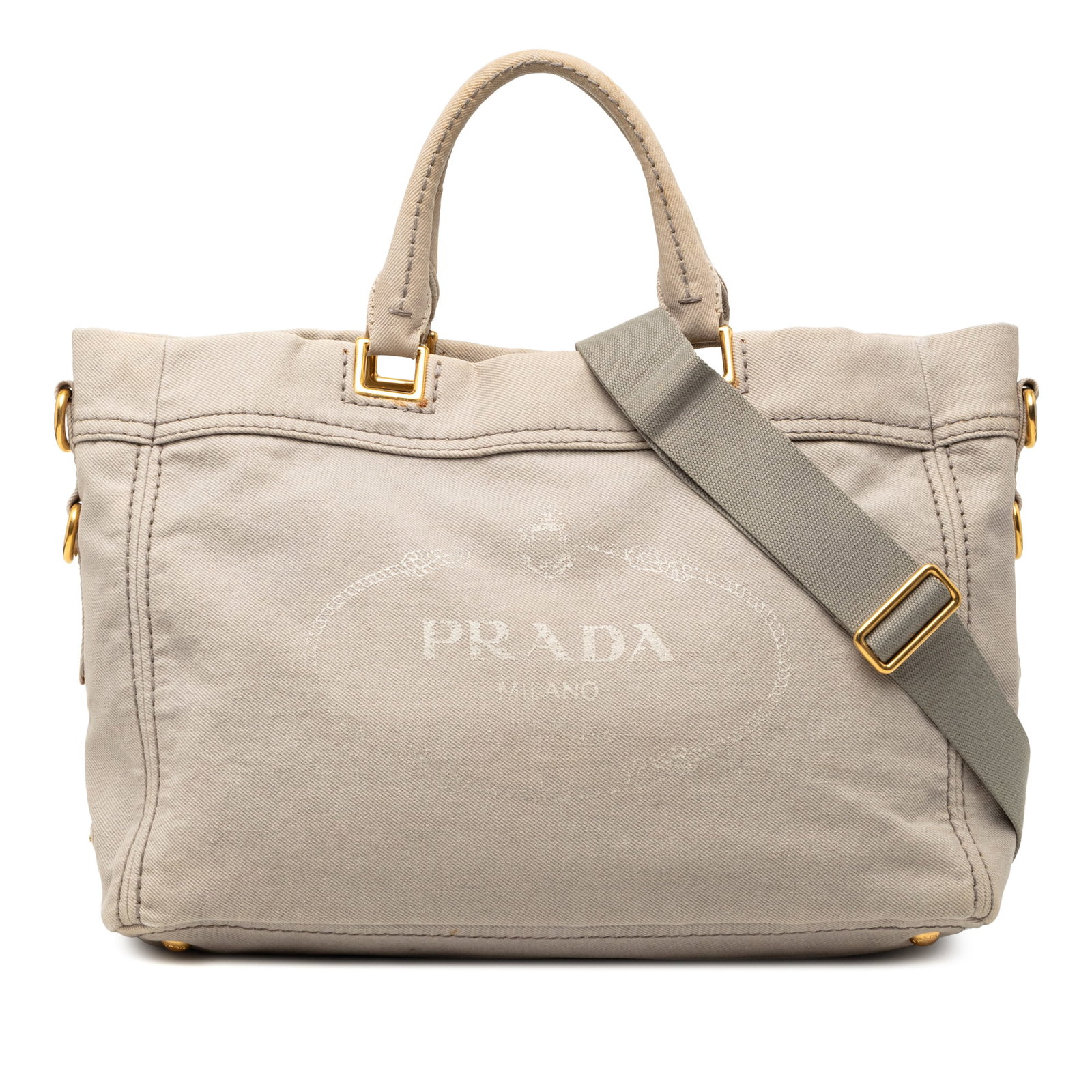 Prada Canapa Logo Brown Denim Satchel with Shoulder Strap: Prada Canapa Logo Brown Denim Satchel with Shoulder Strap This Prada Denim Canapa Logo Satchel features a brown denim fabric body with rolled handles and an adjustable, detachable flat shoulder strap.