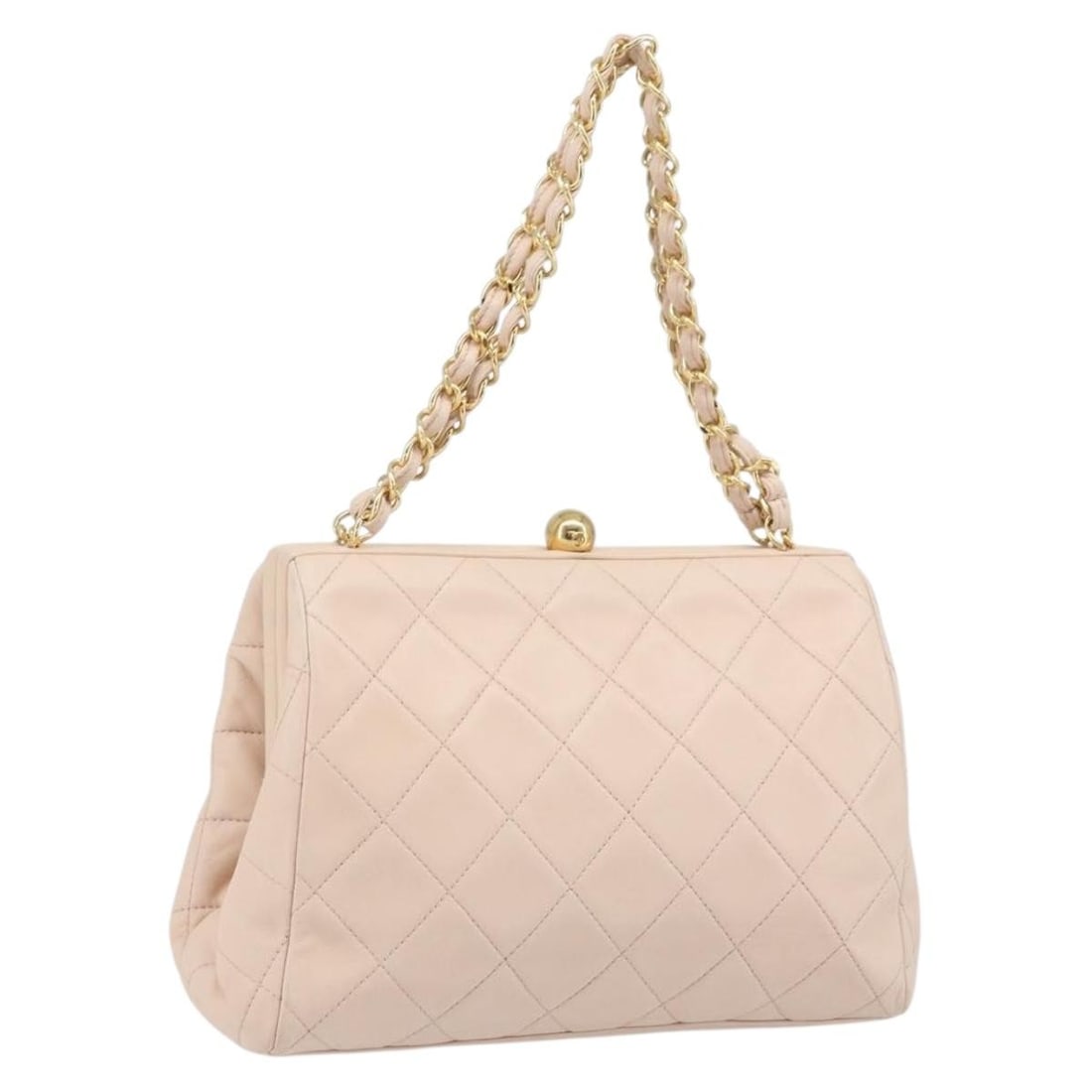 Chanel Pink Lambskin Matelasse Chain Handbag with Gold CC Logo and Dust Bag: Chanel Pink Lambskin Matelasse Chain Handbag with Gold CC Logo and Dust Bag This CHANEL Chain Matelasse handbag is crafted from pink lambskin leather with gold-tone accents. The bag features a classic