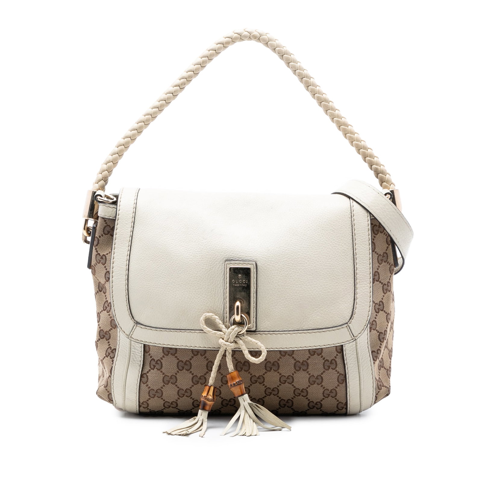 Gucci Bella Satchel in GG Canvas with Leather Trim and Braided Handle: Gucci Bella Satchel in GG Canvas with Leather Trim and Braided Handle The Gucci GG Canvas Bella Flap Satchel features a beige canvas body with leather trim, a braided leather handle, and a detachable 
