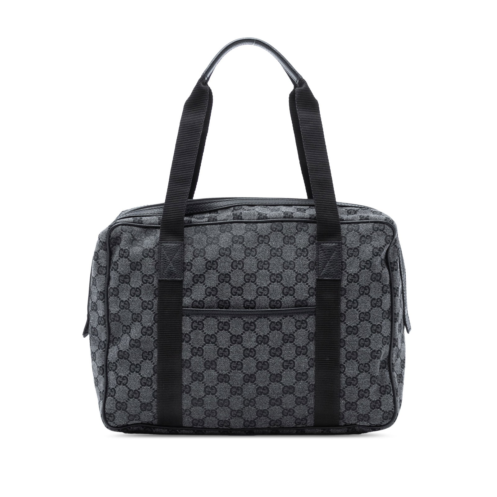 Gucci GG Canvas Gray Briefcase with Leather Trim and Top Zip: Gucci GG Canvas Gray Briefcase with Leather Trim and Top Zip This Gucci GG Canvas Business Bag features a canvas body with leather trim, flat handles, a top zip closure, an exterior front slip pocket,