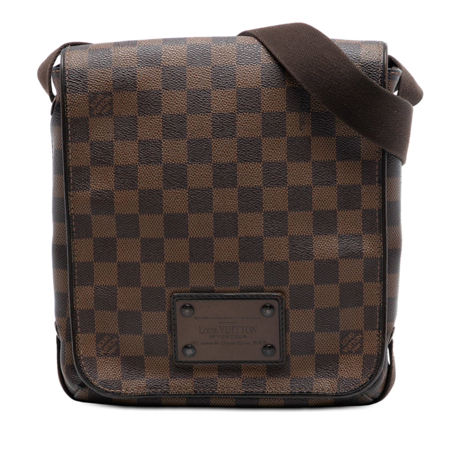 Damier Ebene Brooklyn PM Shoulder Bag by Louis Vuitton: Damier Ebene Brooklyn PM Shoulder Bag by Louis Vuitton This Louis Vuitton Damier Ebene Brooklyn PM features the signature Damier Ebene canvas in a brown tone, designed with an adjustable flat strap, a