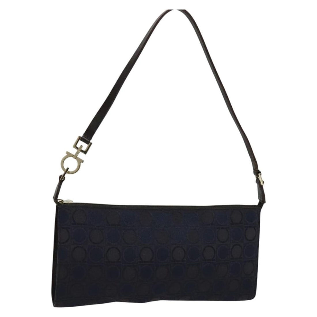 Gancini Canvas Navy Gold Handbag by Salvatore Ferragamo: Gancini Canvas Navy Gold Handbag by Salvatore Ferragamo This Salvatore Ferragamo Gancini handbag is crafted from navy and gold canvas and designed for women. Made in Italy, it features a compact silho