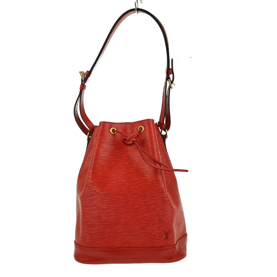 Red Epi Leather Noe Shoulder Bag by Louis Vuitton M44007: Red Epi Leather Noe Shoulder Bag by Louis Vuitton M44007 This Louis Vuitton Noe shoulder bag is crafted from red Epi leather and features a classic drawstring closure. The bag is designed with an adju