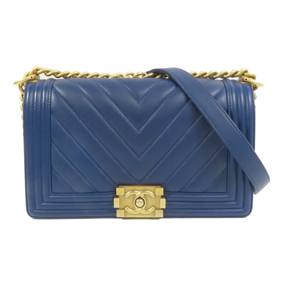 Blue Lambskin Boy 20 Shoulder Bag by CHANEL with Gold Hardware: Blue Lambskin Boy 20 Shoulder Bag by CHANEL with Gold Hardware This CHANEL Boy 20 chain shoulder bag features a classic CC design and is crafted from luxurious blue lambskin leather. Designed for wome