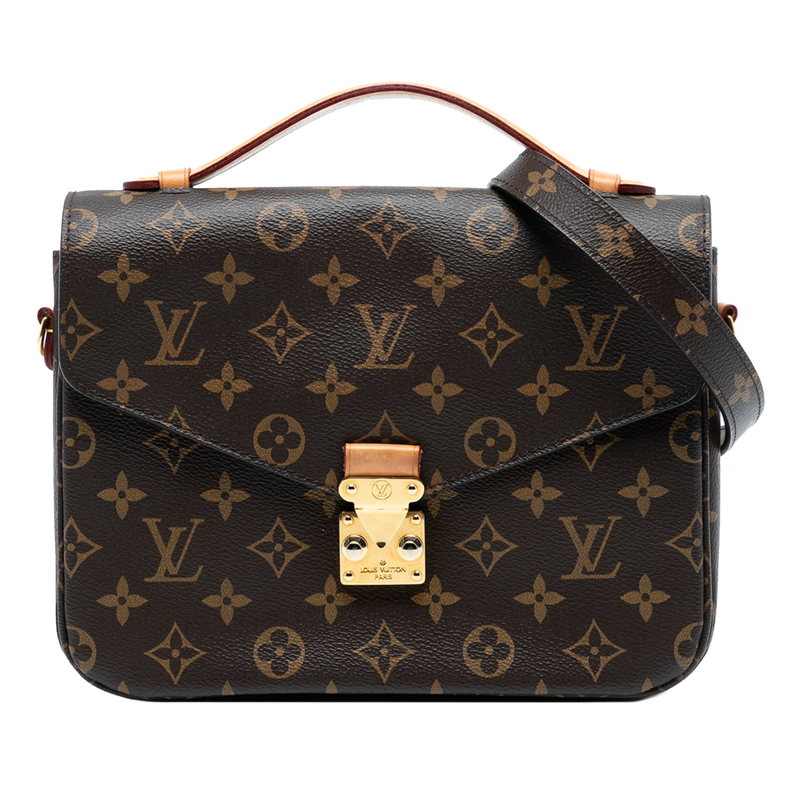 Louis Vuitton Pochette Metis Monogram Canvas Shoulder Bag with Vachetta Handle: Louis Vuitton Pochette Metis Monogram Canvas Shoulder Bag with Vachetta Handle This Louis Vuitton Monogram Pochette Metis features a monogram canvas body with a flat vachetta leather top handle and a 