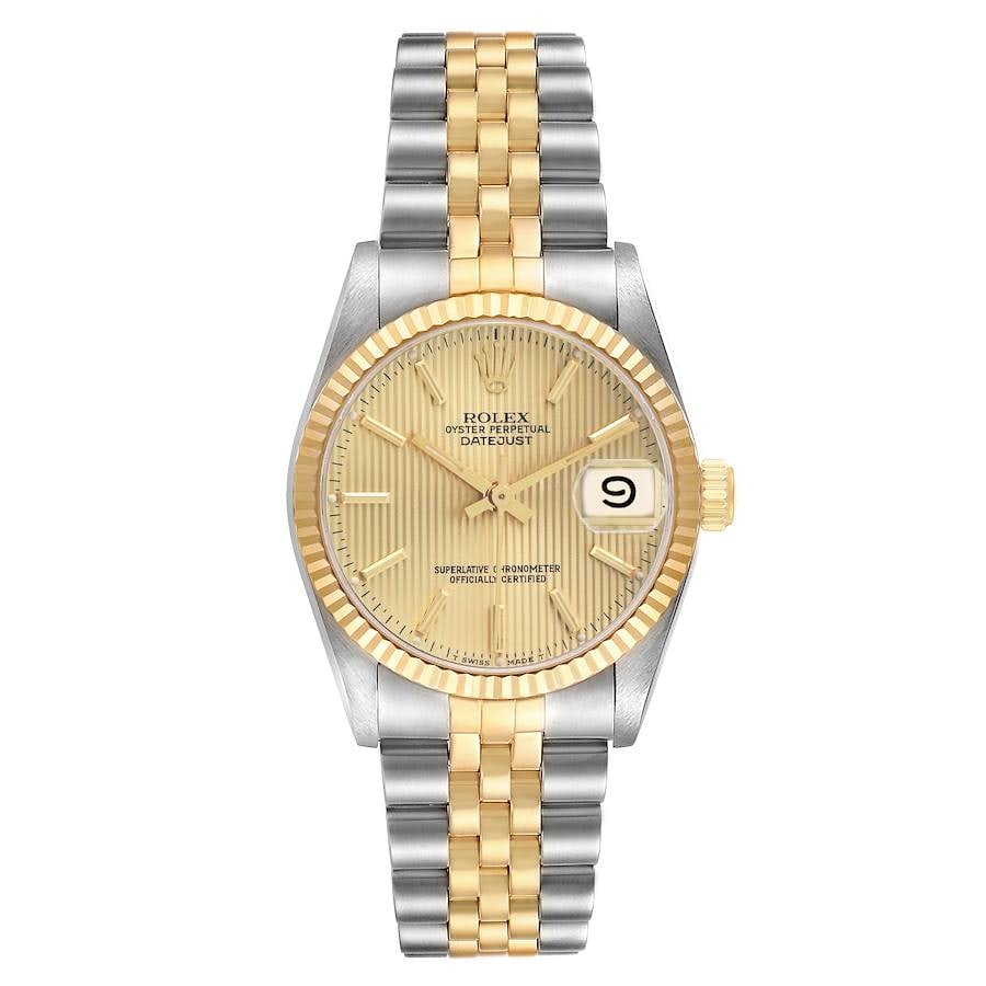 Ladies Datejust Ref 68273 Watch with Champagne Tapestry Dial and D-Link Jubilee Bracelet: Ladies Datejust Ref 68273 Watch with Champagne Tapestry Dial and D-Link Jubilee Bracelet This ladies' Rolex Datejust features a distinctive champagne tapestry dial and a fluted bezel. The watch is fit