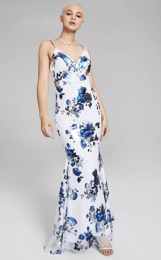 Teeze Me Juniors' Blue White Foil Mesh Ball Gown Dress Size 11 (1 of 3)