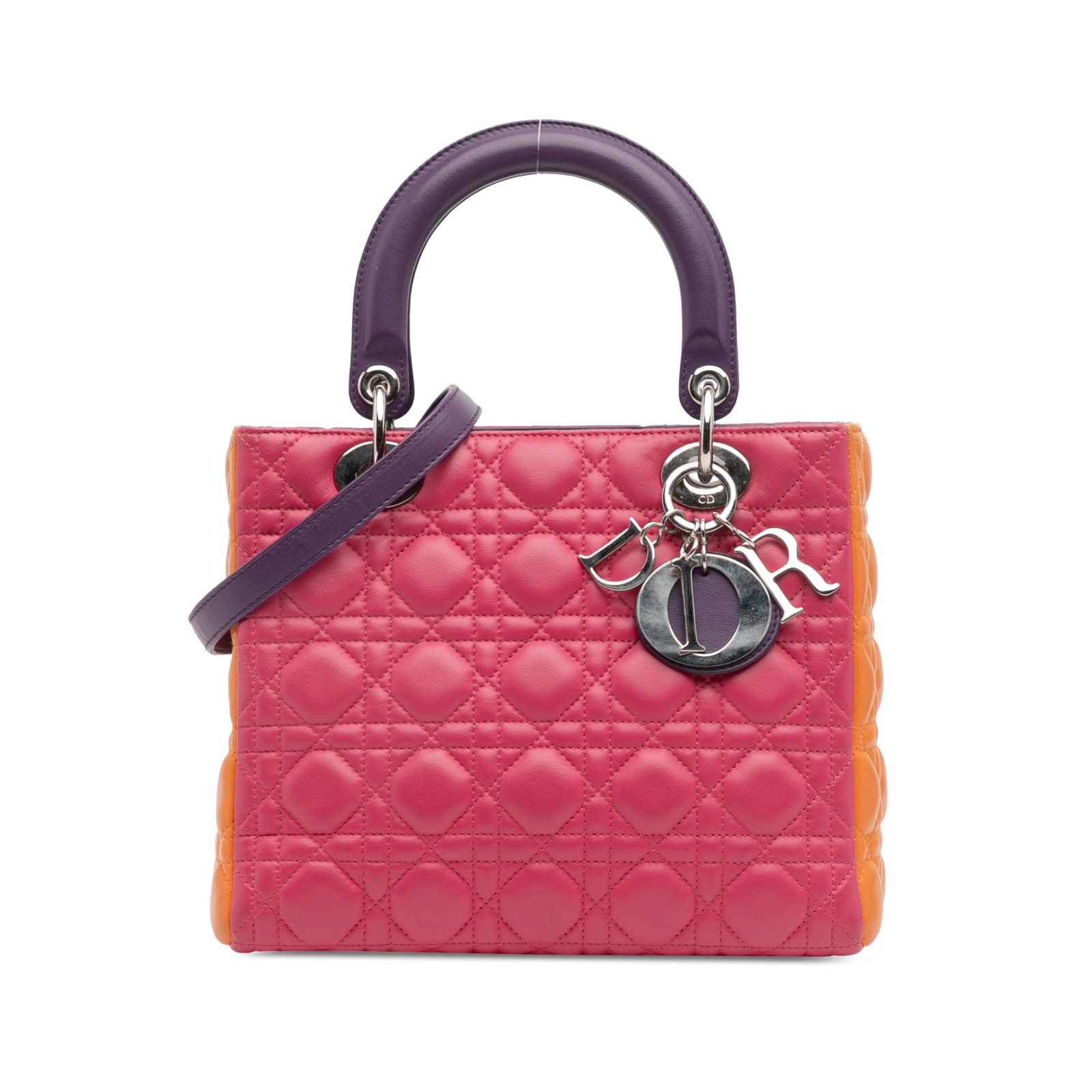 Dior Medium Tricolor Lambskin Cannage Lady Dior Bag: Dior Medium Tricolor Lambskin Cannage Lady Dior Bag Introducing the Medium Tricolor Lambskin Cannage Lady Dior, a stunning handbag crafted from luxurious quilted lambskin leather. This elegant piece f