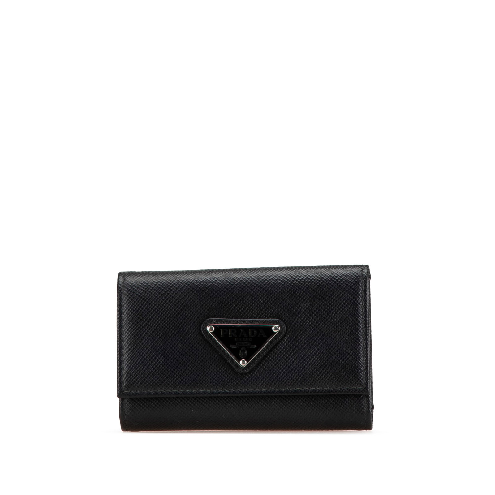 Black Saffiano Leather Key Case with Snap Closure by Prada: Black Saffiano Leather Key Case with Snap Closure by Prada This Prada key holder is crafted from Saffiano leather in black and features a snap button closure with metal key holders. Notable signs of u
