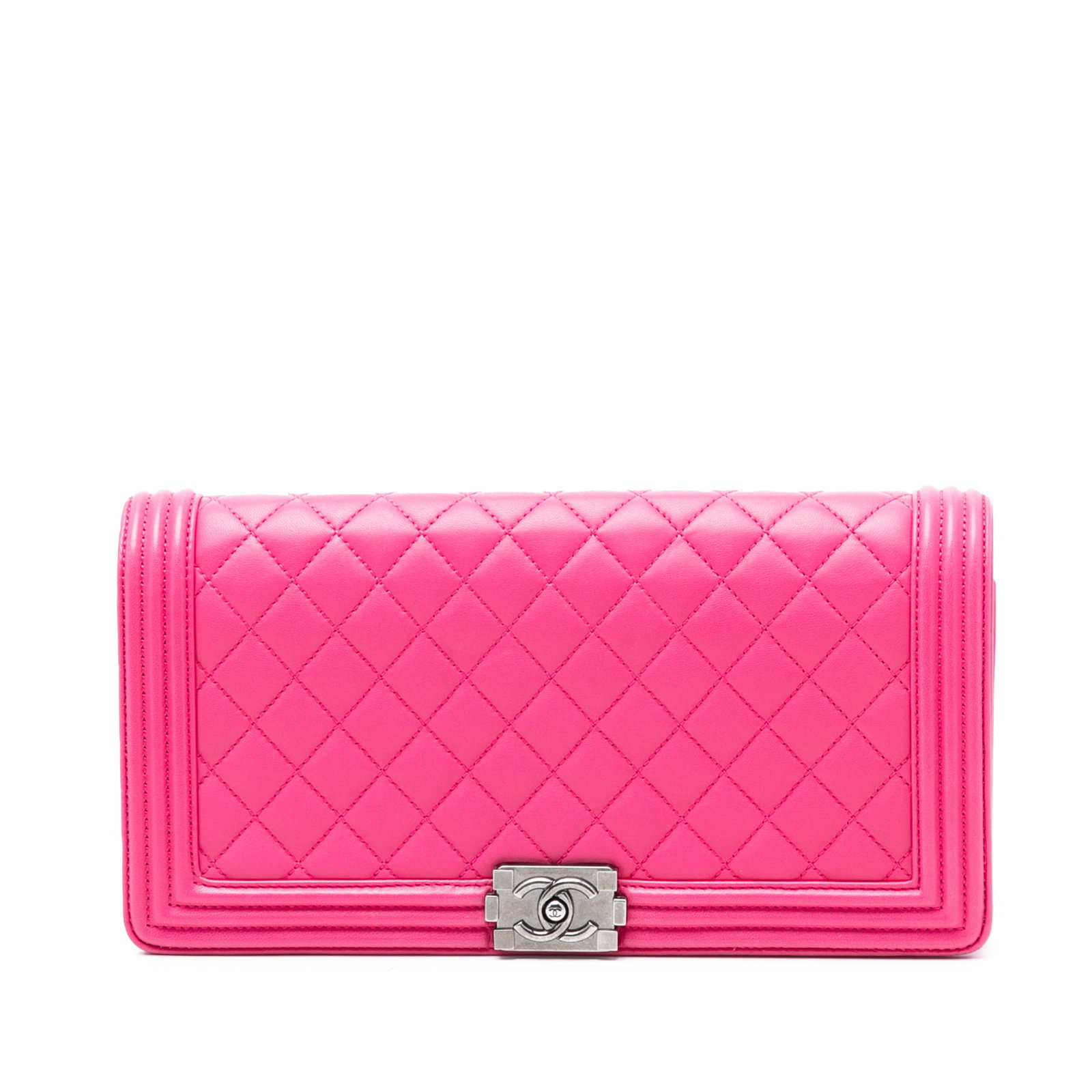 Chanel Boy Pink Quilted Leather Flap Clutch with Twist Lock: Chanel Boy Pink Quilted Leather Flap Clutch with Twist Lock This Chanel clutch features a quilted leather body in pink, a front flap with a twist lock closure, and an interior slip pocket. The bag exh