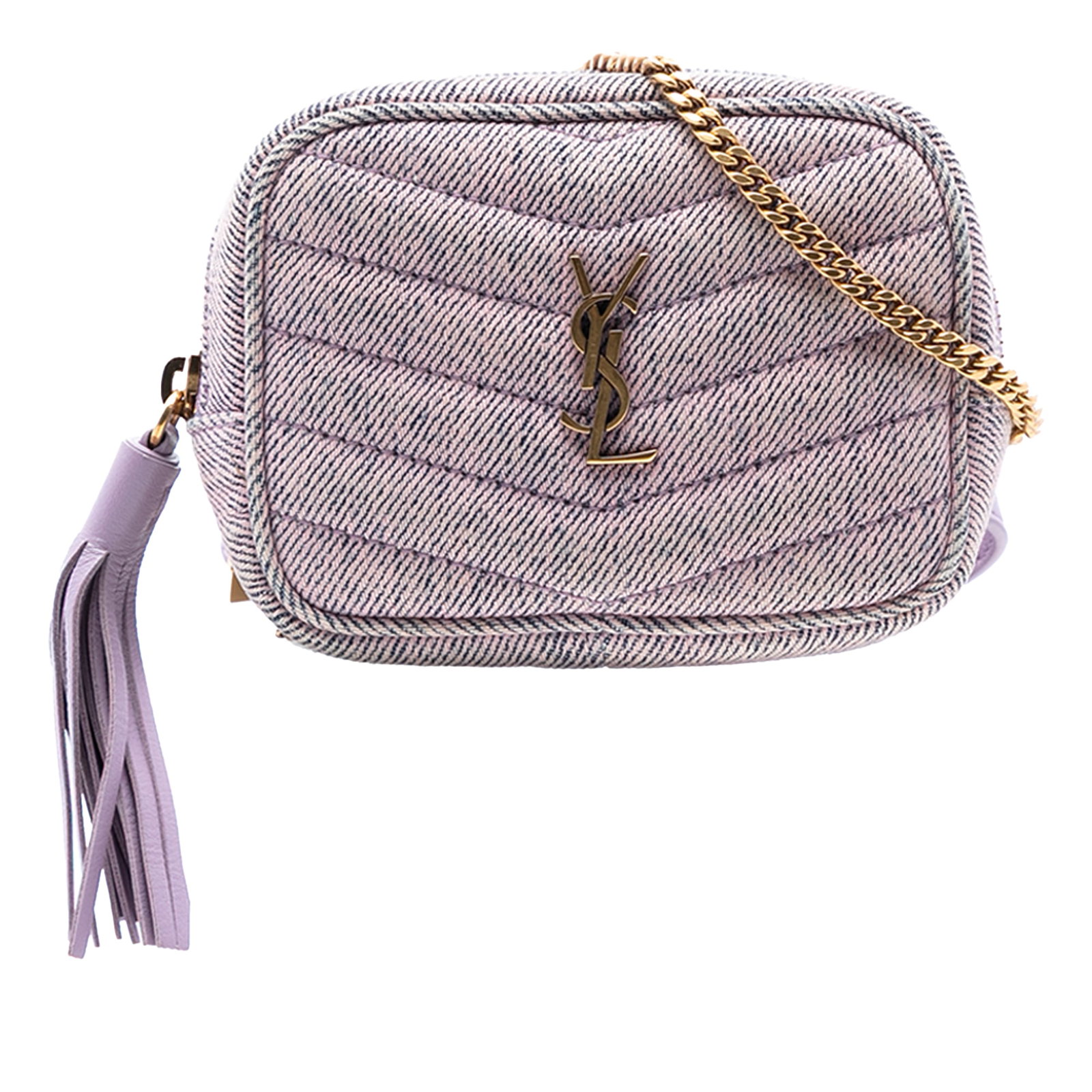 Saint Laurent Lou Crossbody Quilted Denim Baby Camera Bag: Saint Laurent Lou Crossbody Quilted Denim Baby Camera Bag This Saint Laurent Baby Matelasse Denim Monogram Lou Camera Bag features a quilted denim exterior in purple and an adjustable chain link and l