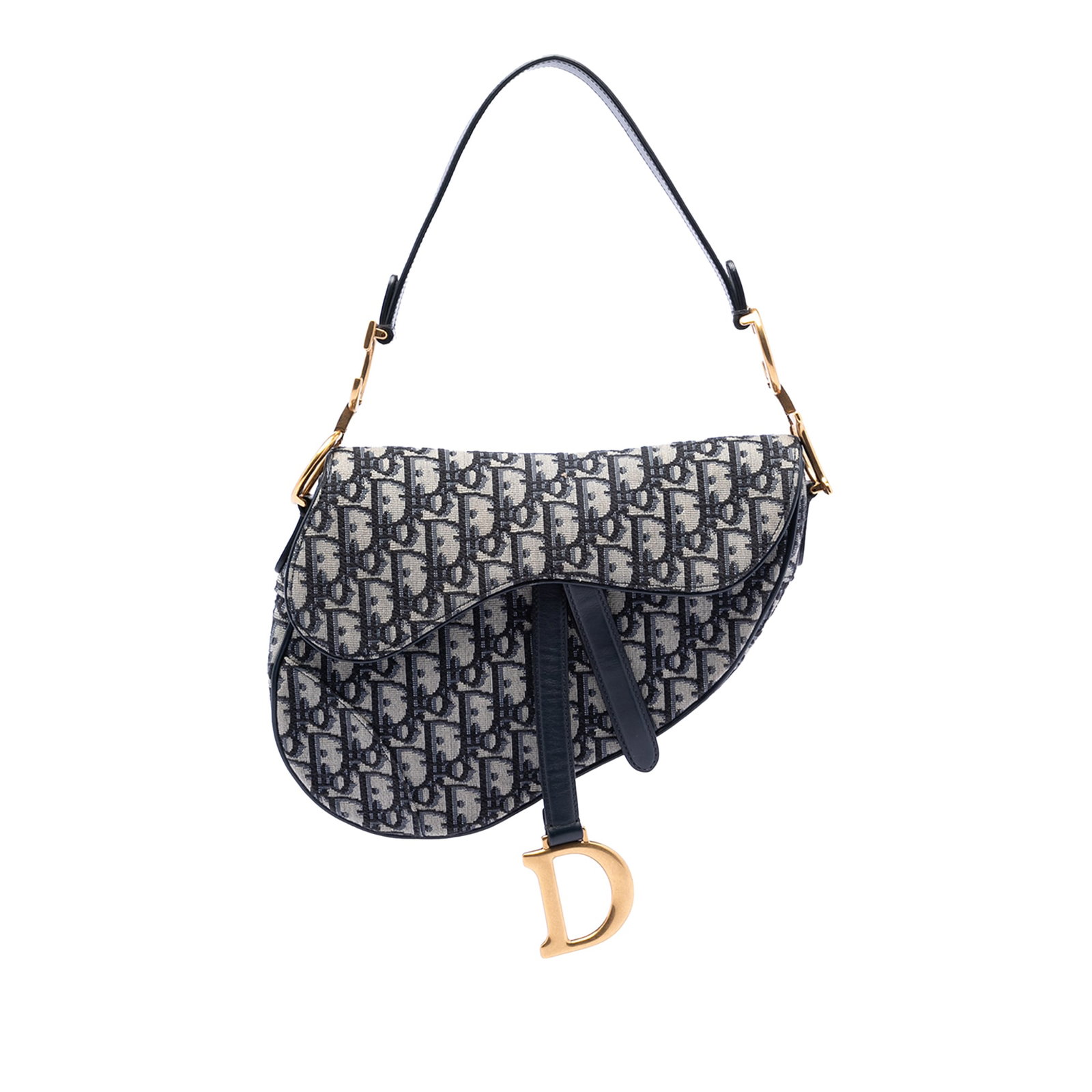 Blue Dior Saddle Shoulder Bag in Oblique Canvas with Leather Trim: Blue Dior Saddle Shoulder Bag in Oblique Canvas with Leather Trim This Dior Oblique Canvas Saddle Bag features a blue fabric body with leather trim, a flat leather strap, a front flap with magnetic cl