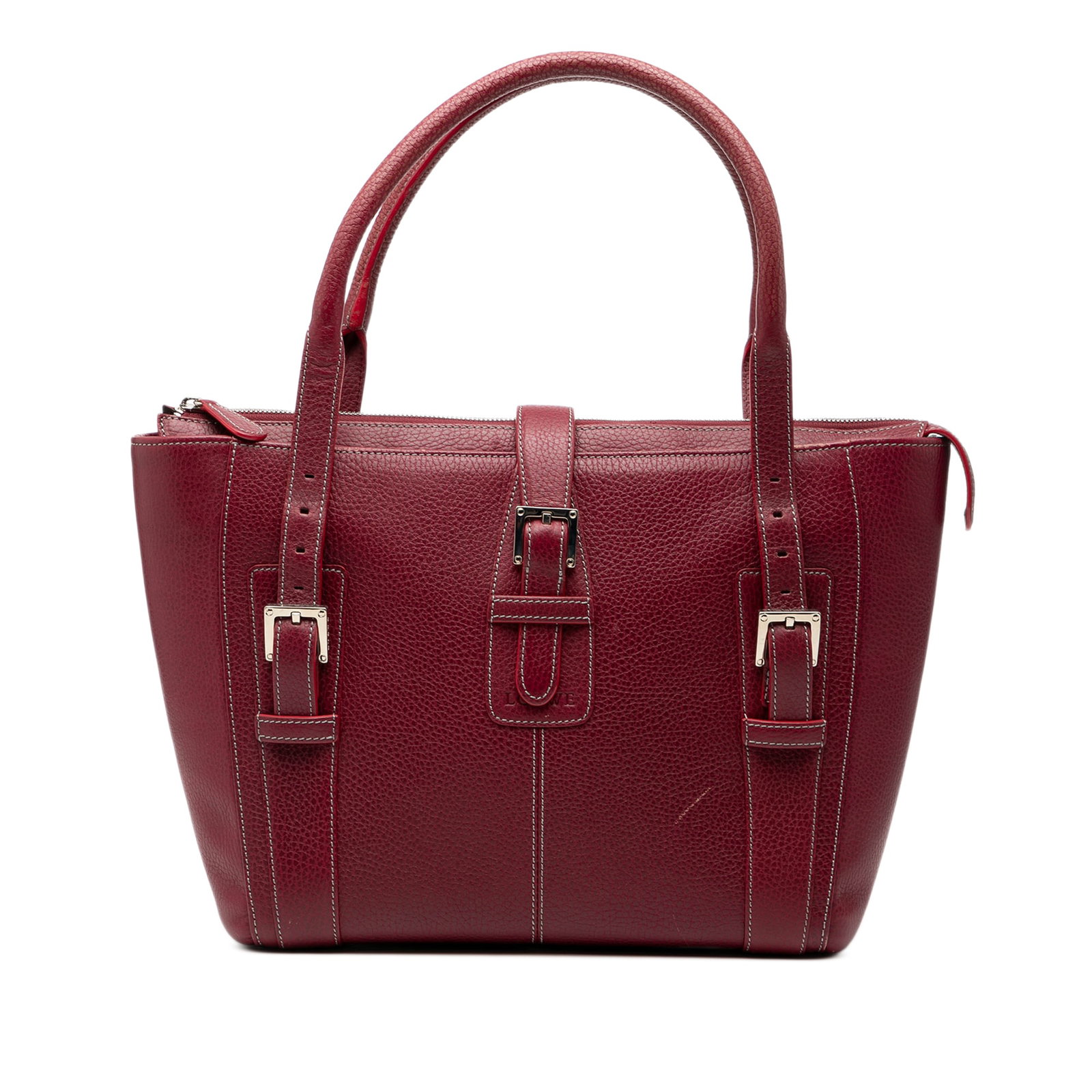 Red Leather Senda Satchel Bag by Loewe with Rolled Handles: Red Leather Senda Satchel Bag by Loewe with Rolled Handles This LOEWE Senda handbag features a red leather body with rolled leather handles, a top zipper and strap with buckle closure, and interior zi