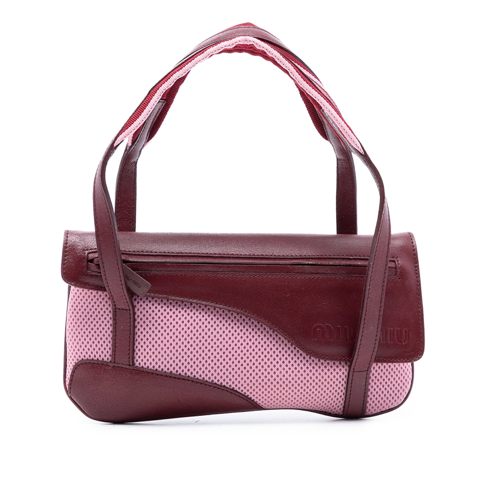 Miu Miu Mesh Shoulder Bag with Leather Accents Red: Miu Miu Mesh Shoulder Bag with Leather Accents Red This Miu Miu handbag features a mesh body with leather trim, flat leather handles, a flap with snap closure, exterior zip and slip pockets, and an in