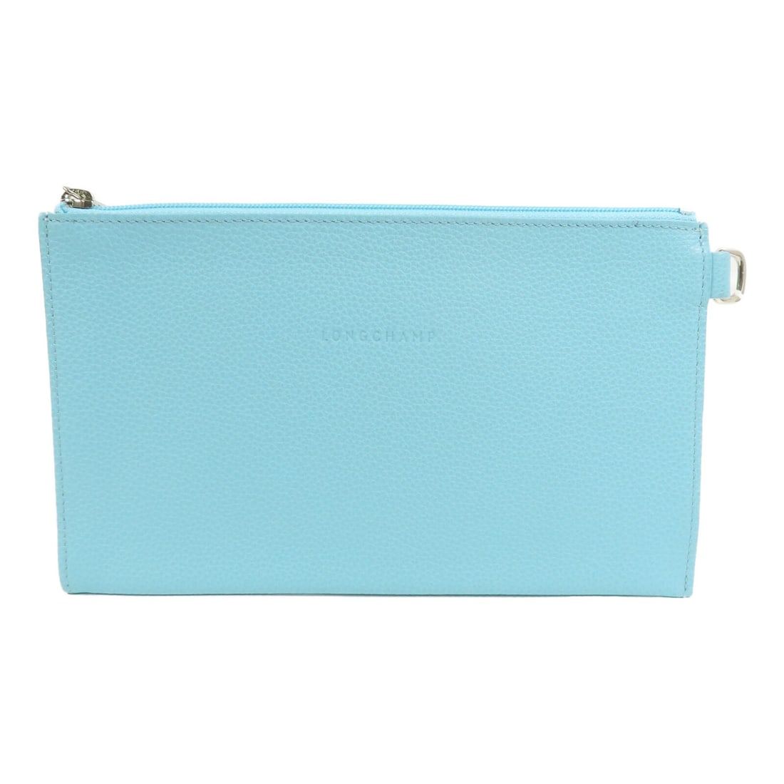 Longchamp Light Blue Calfskin Leather Pouch with Gold Tone Hardware: Longchamp Light Blue Calfskin Leather Pouch with Gold Tone Hardware This Longchamp clutch pouch is crafted from calfskin leather in a light blue color. It features a compact design with a blue frame a