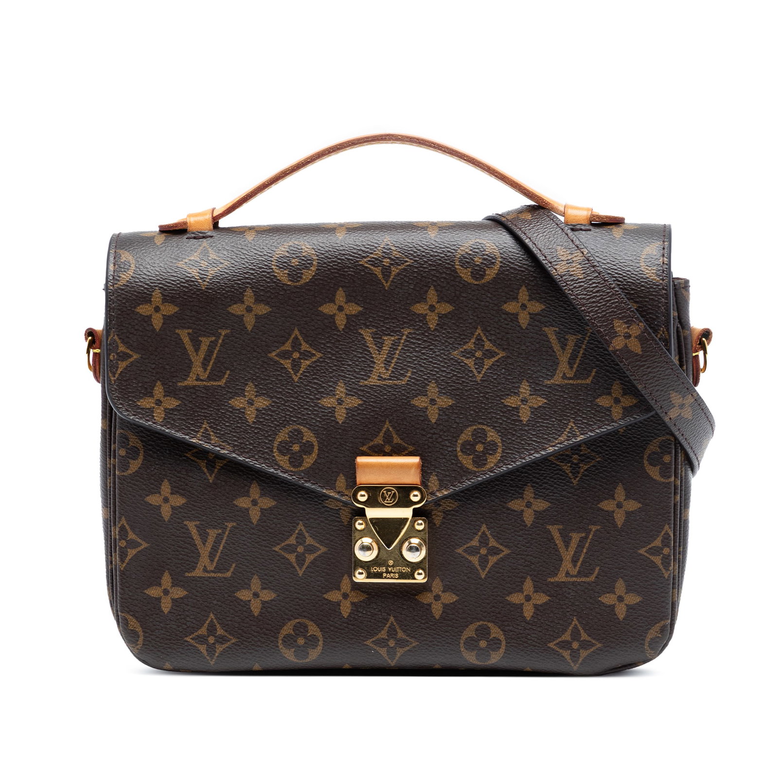 Pochette Metis Brown Monogram Canvas Shoulder Bag with S-Lock and Strap: Pochette Metis Brown Monogram Canvas Shoulder Bag with S-Lock and Strap The Louis Vuitton Monogram Pochette Metis showcases a monogram canvas body with a flat vachetta leather top handle and a detacha