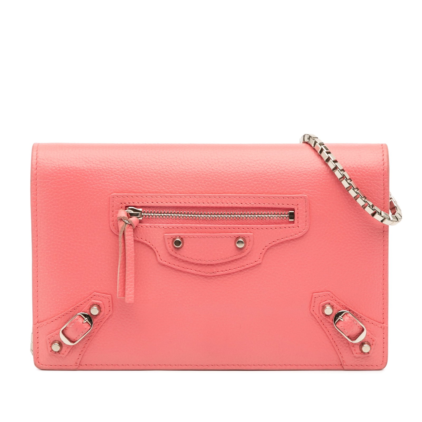 Balenciaga Pink Grained Calfskin Motocross Wallet on Chain: Balenciaga Pink Grained Calfskin Motocross Wallet on Chain The Balenciaga Grained Calfskin Motocross Classic Wallet on Chain is a stylish accessory featuring a luxurious leather body complemented by s