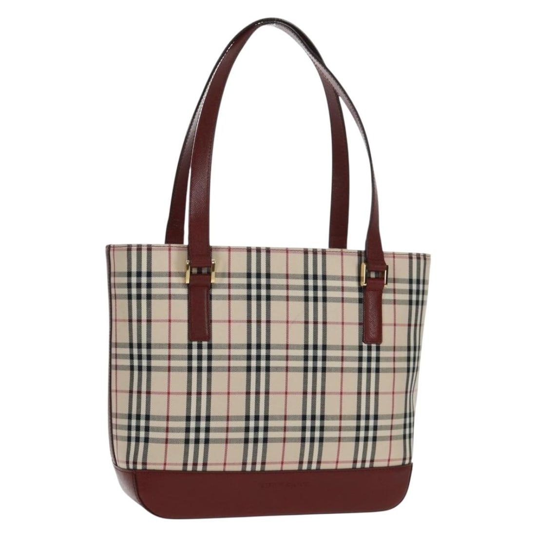 Canvas Nova Check Shoulder Bag by Burberry in Beige Red Gold: Canvas Nova Check Shoulder Bag by Burberry in Beige Red Gold This Burberry Nova Check shoulder bag features a classic beige, red, and gold color scheme crafted in canvas with leather accents. The bag 