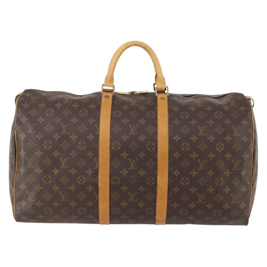 Keepall Monogram Canvas Travel Bag by Louis Vuitton Brown 55cm: Keepall Monogram Canvas Travel Bag by Louis Vuitton Brown 55cm This Louis Vuitton Keepall Bag features the iconic monogram canvas in a classic brown color. Designed for unisex use, the bag is crafted 