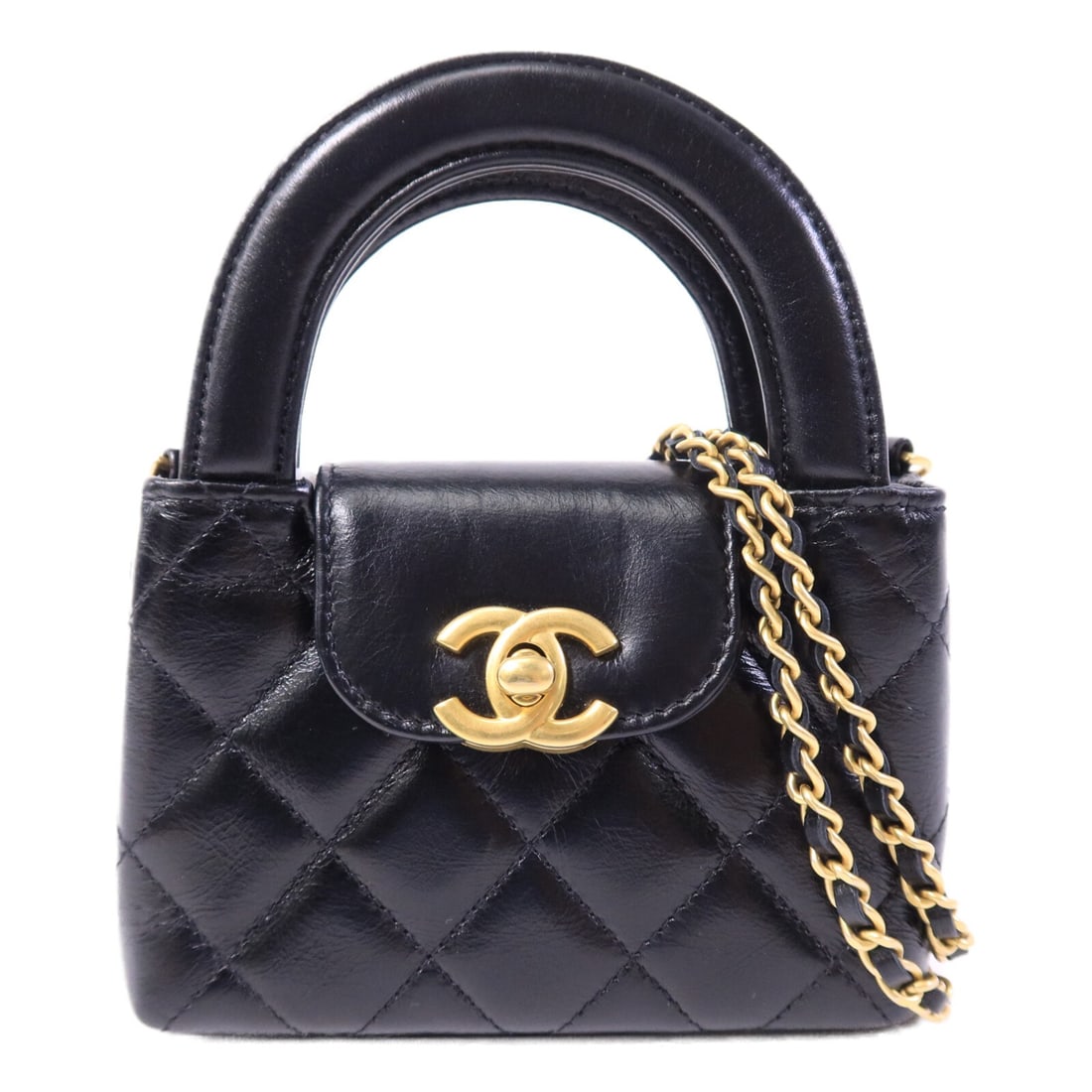 Chanel Nano Mini Kelly Black Calfskin 2 Way Shoulder Bag with Gold Hardware: Chanel Nano Mini Kelly Black Calfskin 2 Way Shoulder Bag with Gold Hardware This CHANEL Nano Mini Kelly 2 Way Shoulder Bag features a classic black calfskin leather exterior and a versatile design tha