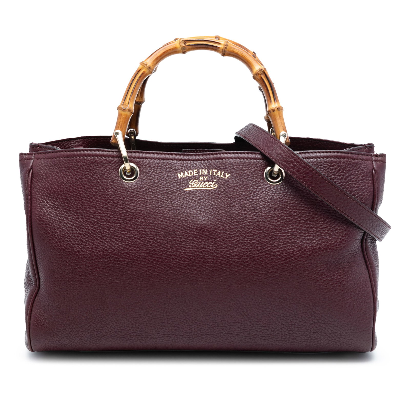 Gucci Bamboo Handles Medium Leather Shopper Satchel with Shoulder Strap: Gucci Bamboo Handles Medium Leather Shopper Satchel with Shoulder Strap This Gucci Medium Calfskin Bamboo Shopper Satchel features a red leather body with bamboo top handles and a detachable flat leat