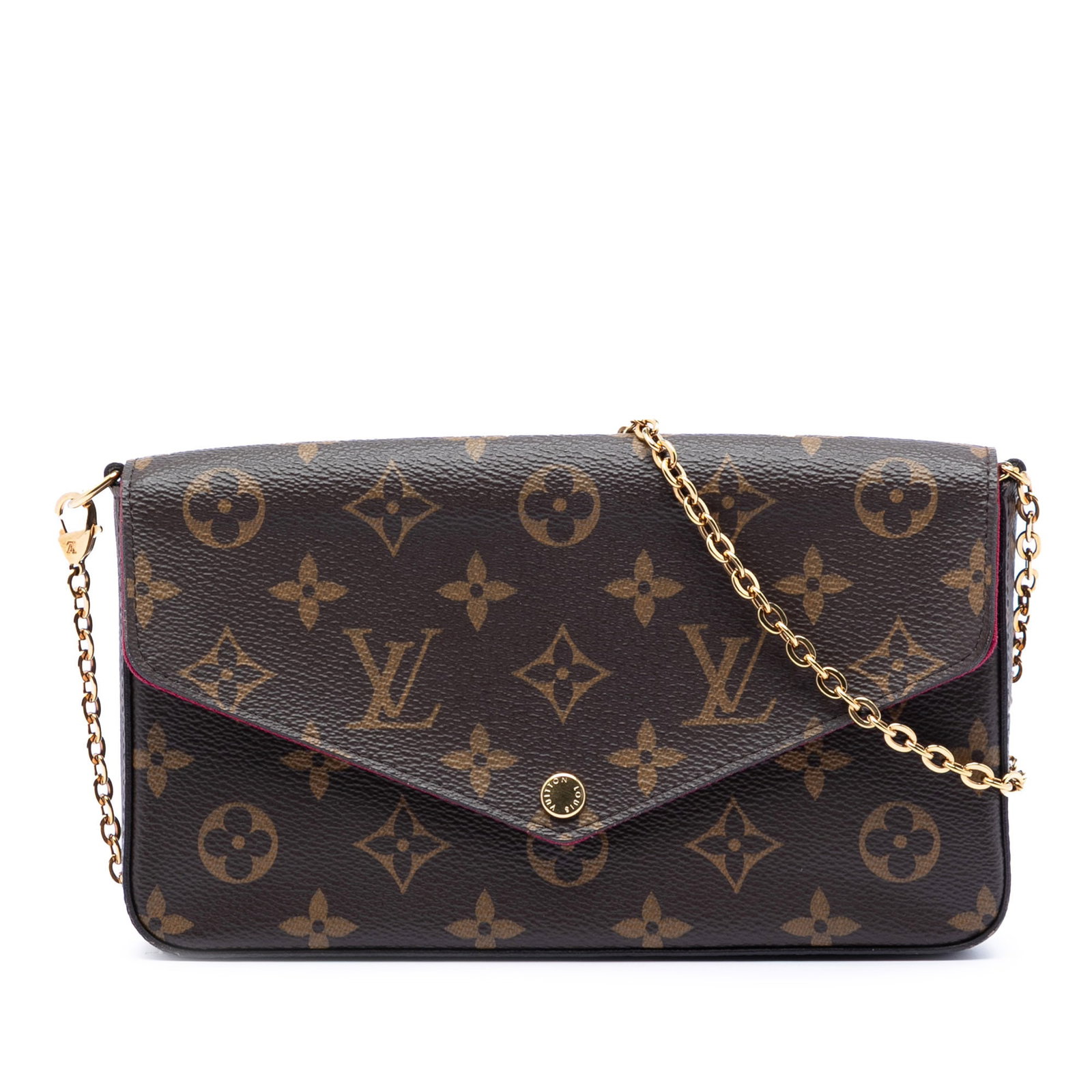 Louis Vuitton Felicie Crossbody Bag in Monogram Canvas with Chain Strap: Louis Vuitton Felicie Crossbody Bag in Monogram Canvas with Chain Strap The Louis Vuitton Monogram Pochette Felicie is a crossbody bag crafted from signature monogram canvas. It features a detachable 