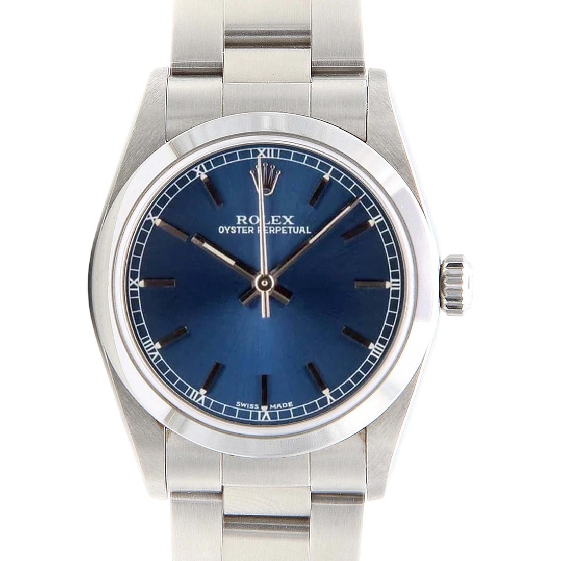 Ladies Rolex Oyster Perpetual Blue Dial Ref 67480 with Papers 1998: Ladies Rolex Oyster Perpetual Blue Dial Ref 67480 with Papers 1998 This is a ladies' Rolex Oyster Perpetual watch, reference number 67480. It features a blue stick dial, a smooth bezel, and comes with