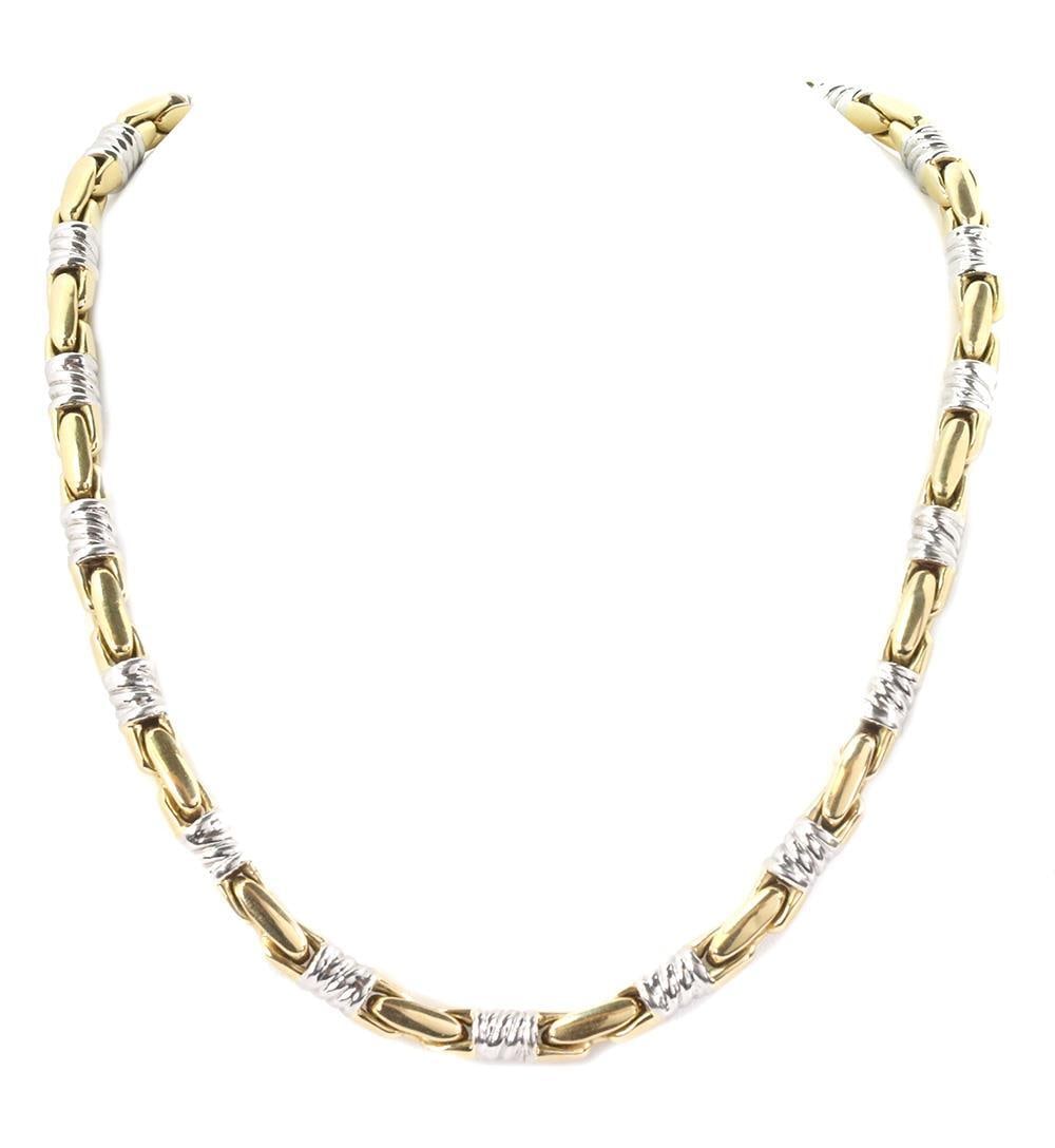 Italian 18k Two Tone Gold Necklace with Cabochon Sapphire 57g: Italian 18k Two Tone Gold Necklace with Cabochon Sapphire 57g This exquisite Italian necklace features a stunning combination of 18k yellow and white gold, showcasing a high-polished finish. The desig