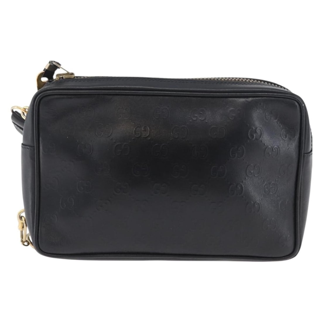 Black Leather Vintage Clutch by Gucci Unisex Italy: Black Leather Vintage Clutch by Gucci Unisex Italy This Gucci vintage clutch bag is crafted from black leather and designed for unisex use. The bag features notable surface rubbing, staining, deformat