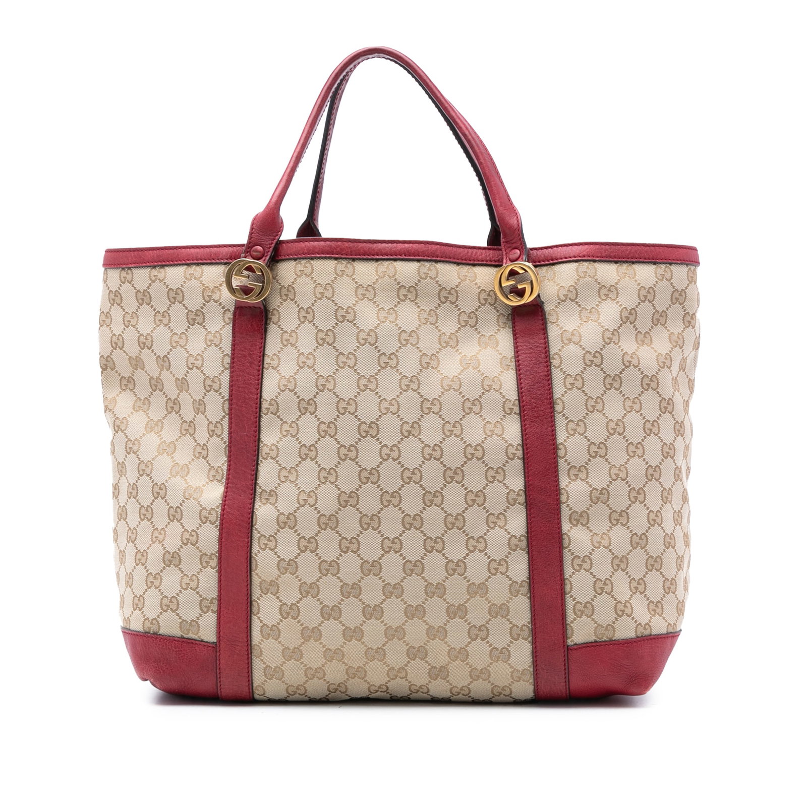 Beige GG Canvas Twins Tote Bag with Leather Trim by Gucci: Beige GG Canvas Twins Tote Bag with Leather Trim by Gucci The Gucci GG Canvas Twins Tote features a canvas body with leather trim, flat leather handles, an open top secured by a lobster clasp closure,