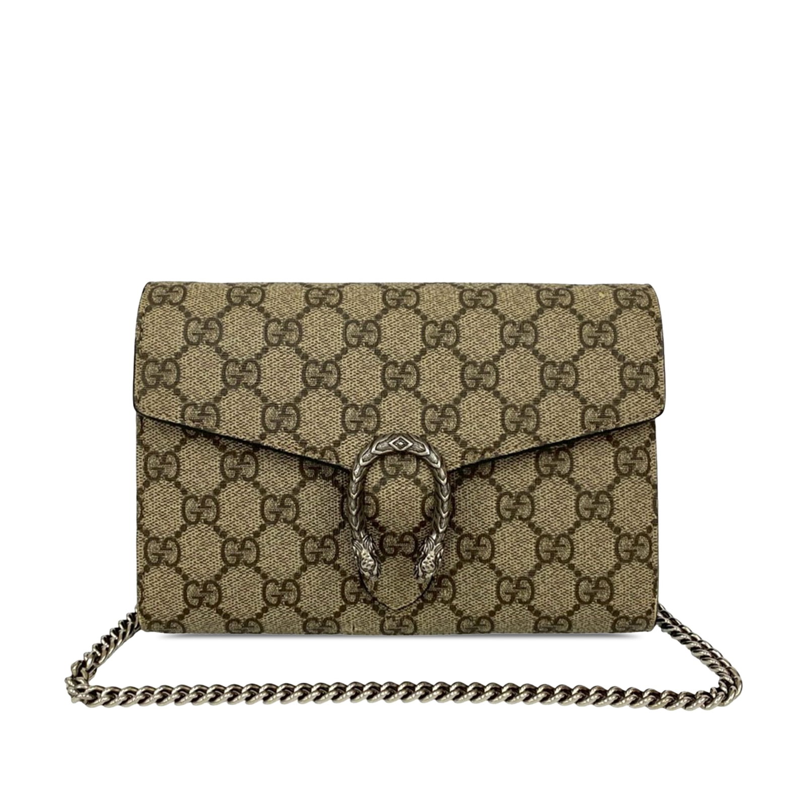 Gucci Dionysus GG Supreme Chain Wallet Beige Canvas Italy: Gucci Dionysus GG Supreme Chain Wallet Beige Canvas Italy The Gucci GG Supreme Dionysus Wallet on Chain features a coated canvas body in beige, complemented by a chain link shoulder strap and a front 