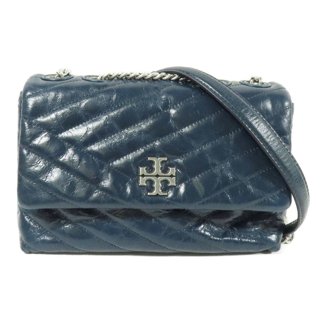 Tory Burch Kira Chevron Blue Calfskin Shoulder Bag: Tory Burch Kira Chevron Blue Calfskin Shoulder Bag Elevate your style with the Tory Burch Kira Chevron Shoulder Bag. Crafted from luxurious calfskin leather in a striking blue hue, this shoulder bag c
