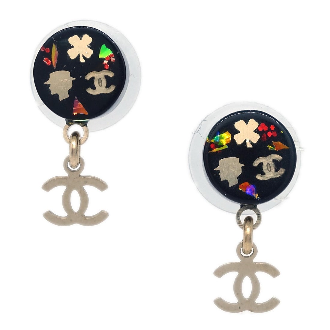 Gold and Black Pierced Earrings by Chanel with Screw Back Closure: Gold and Black Pierced Earrings by Chanel with Screw Back Closure These exquisite Chanel Piercing Dangle Earrings feature a stunning combination of gold and black tones, adding a bold statement to any