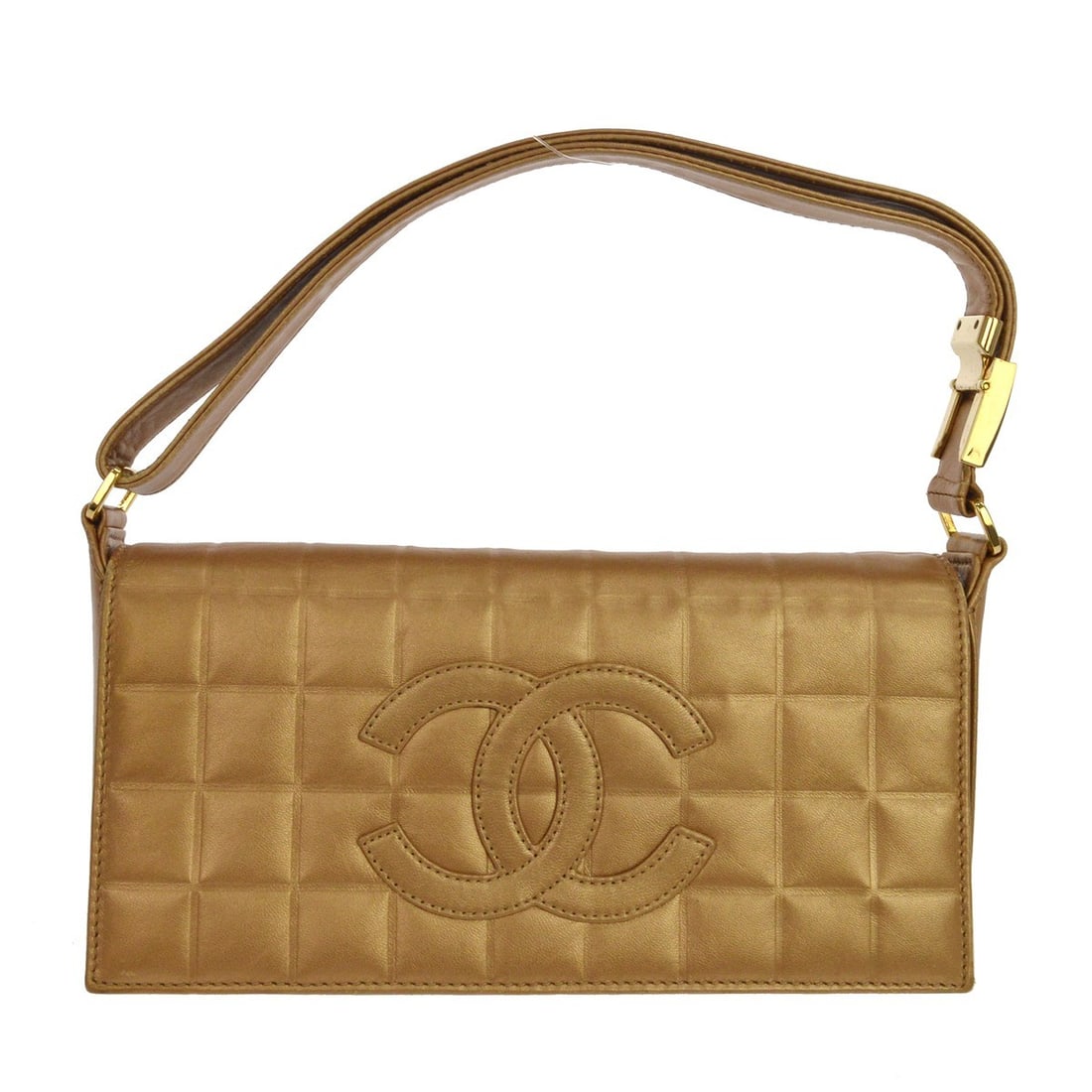 Choco Bar Medium Gold Lambskin Shoulder Bag by Chanel: Choco Bar Medium Gold Lambskin Shoulder Bag by Chanel This Chanel Chocolate Bar shoulder bag features gold lambskin leather with a medium-sized silhouette and a convenient shoulder strap. The bag is d
