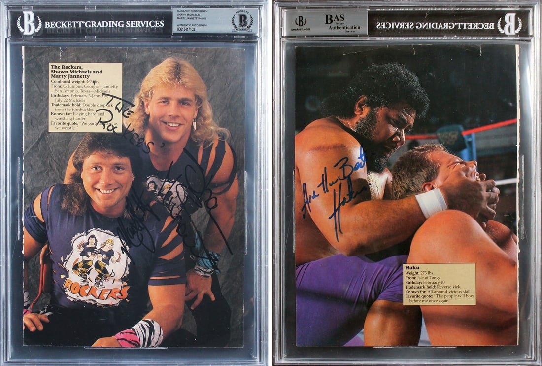 WWE Signed 8x11 Magazine Page Shawn Michaels Jannetty Haku BAS Gem Mint 10: WWE Signed 8x11 Magazine Page Shawn Michaels Jannetty Haku BAS Gem Mint 10 This stunning autographed magazine page, measuring 8x11 inches, features the signatures of wrestling legends Shawn Michaels, 