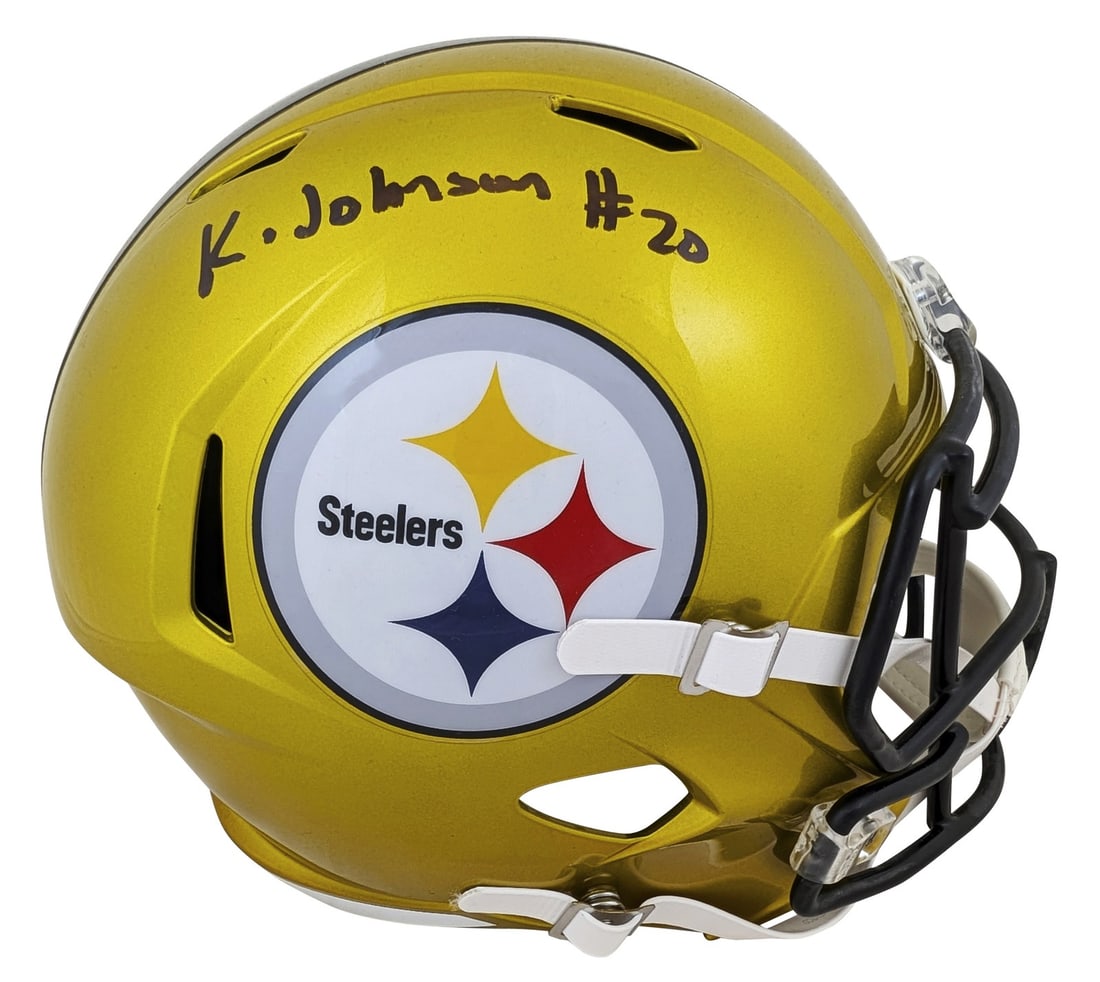 Kaleb Johnson Signed Steelers Flash Full Size Helmet BAS Authenticated: Kaleb Johnson Signed Steelers Flash Full Size Helmet BAS Authenticated This Pittsburgh Steelers Flash Full Size Speed Replica Helmet is personally signed by Kaleb Johnson. It features an authentic aut