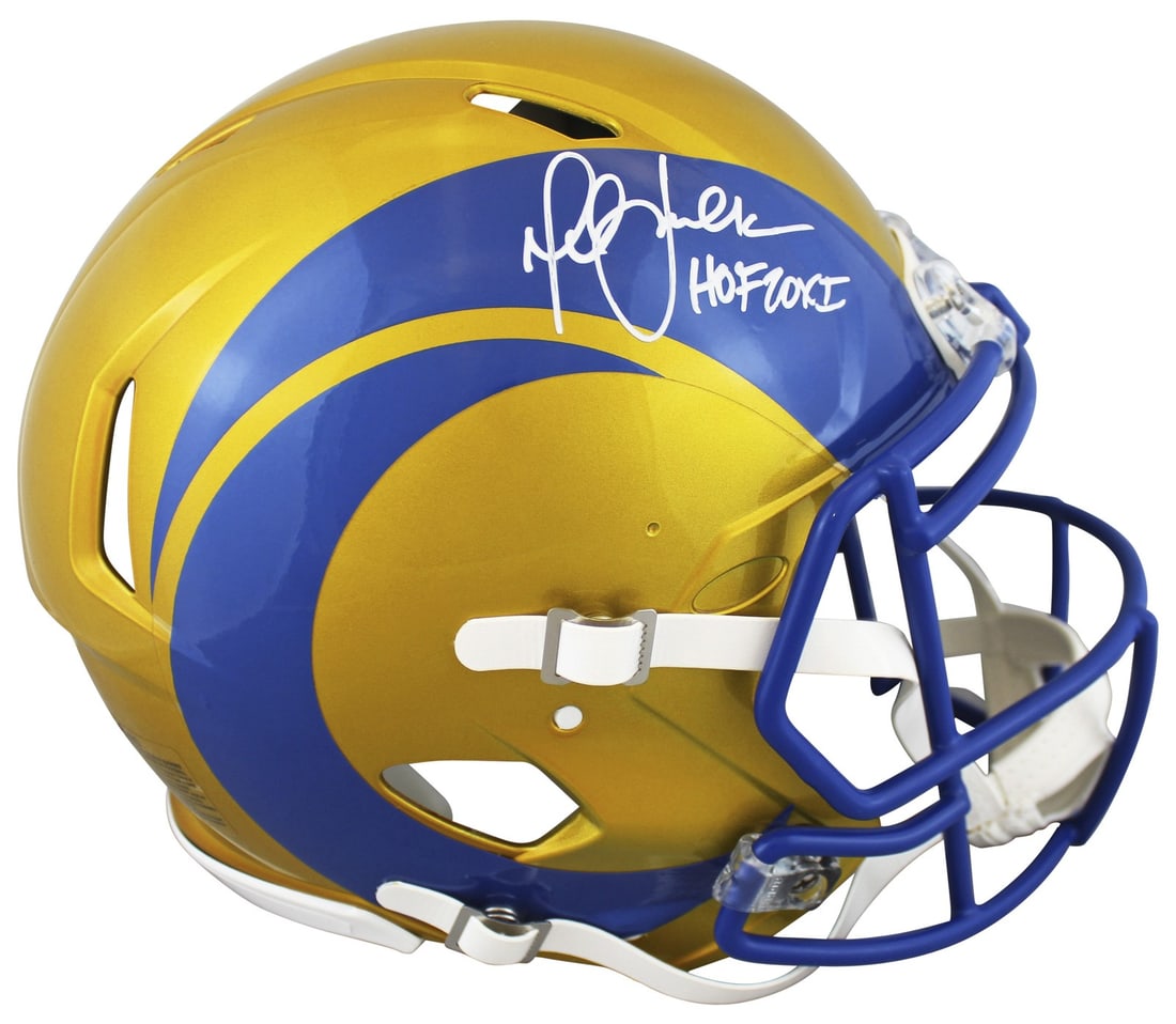 Marshall Faulk Signed St. Louis Rams Flash Helmet HOF 20XI Beckett Authenticated: Marshall Faulk Signed St. Louis Rams Flash Helmet HOF 20XI Beckett Authenticated Celebrate the legacy of Marshall Faulk with this autographed St. Louis Rams Alternate Flash Riddell Authentic Full Size