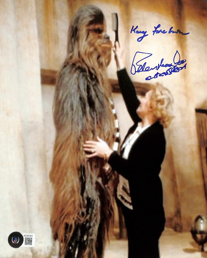 Peter Mayhew Kay Freeborn Signed Star Wars 8x10 Photo Beckett Authenticated: Peter Mayhew Kay Freeborn Signed Star Wars 8x10 Photo Beckett Authenticated This autographed 8x10 color photograph features the iconic Chewbacca actor Peter Mayhew, who passed away in 2019, alongside 