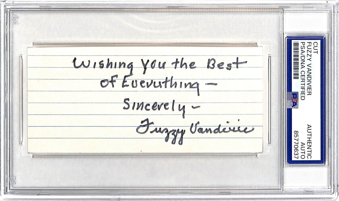 Fuzzy Vandivier Autographed Cut 2.5 x 5 With PSA Authentication: Fuzzy Vandivier Autographed Cut 2.5 x 5 With PSA Authentication This is a rare original cut autograph signed by basketball Hall of Famer Fuzzy Vandivier. The signature has been authenticated by Profes