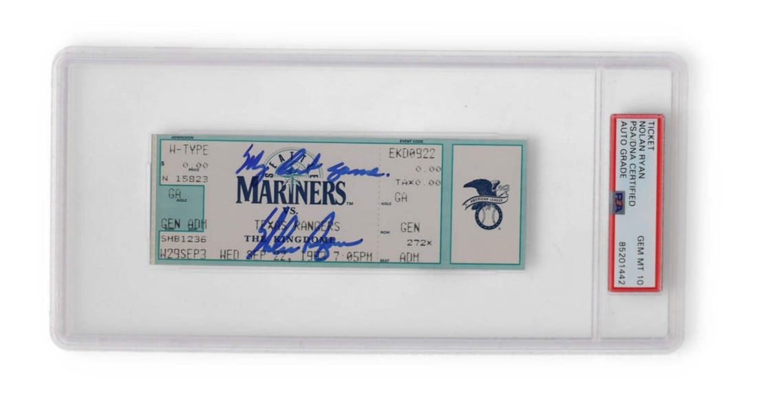 Nolan Ryan Signed Last Game Ticket PSA 10 Texas Rangers: Nolan Ryan Signed Last Game Ticket PSA 10 Texas Rangers Celebrate a legendary moment in baseball history with this signed ticket from Nolan Ryan's last game on September 22, 1993. This original ticket