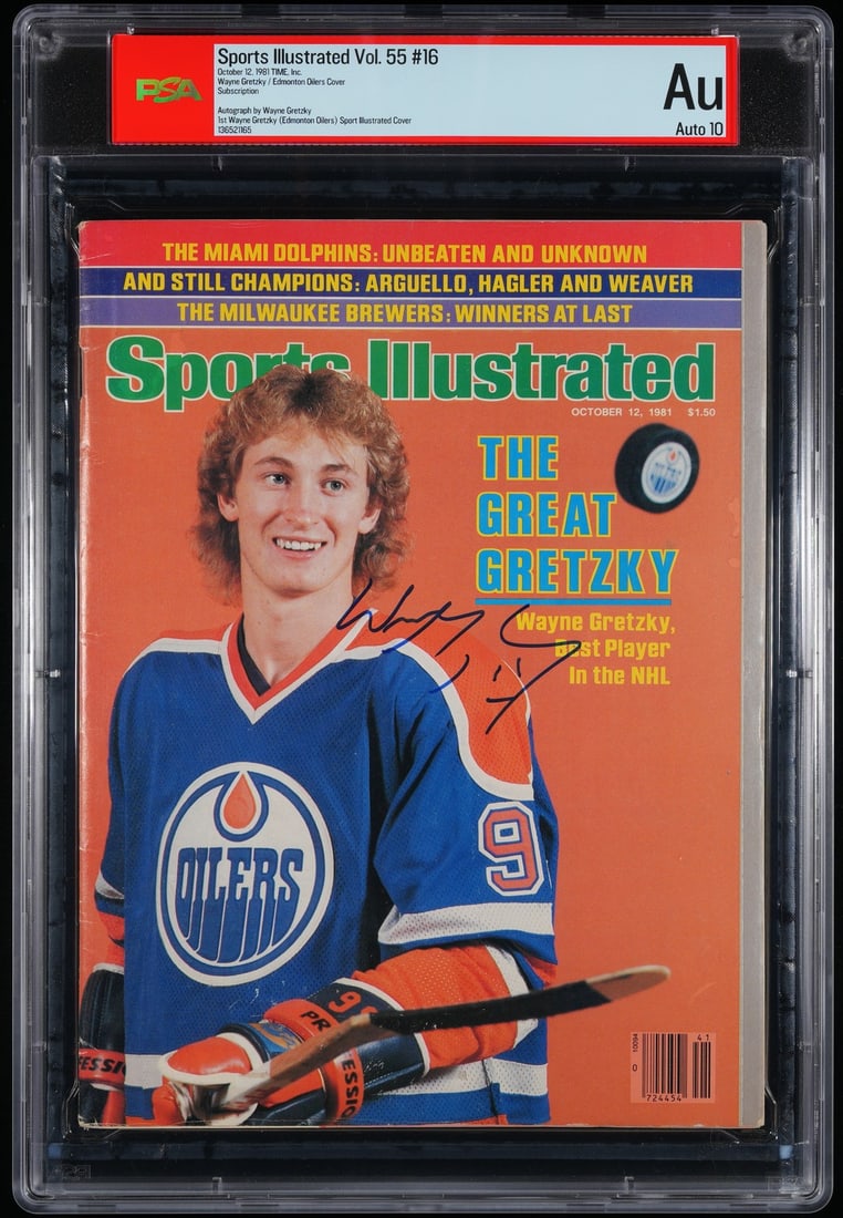 1981 Sports Illustrated Magazine Signed by Wayne Gretzky HOF PSA Auto 10: 1981 Sports Illustrated Magazine Signed by Wayne Gretzky HOF PSA Auto 10 This is an original 1981 Sports Illustrated Magazine newsstand issue (NO LABEL), featuring a bold autograph by hockey legend Wa