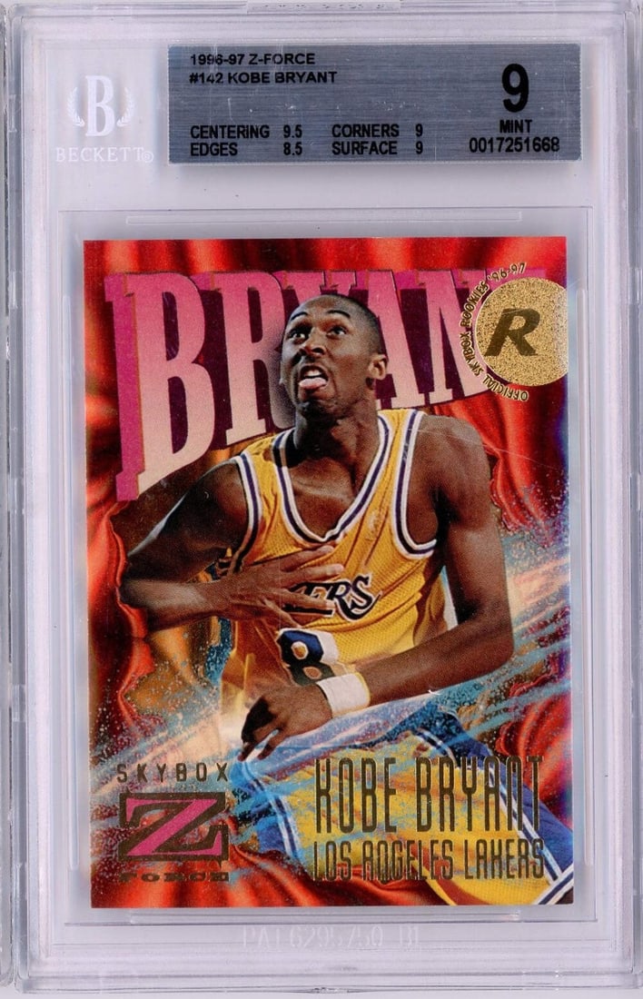 Kobe Bryant Z Force Rookie Card 1996-97 BGS 9 Graded #142: Kobe Bryant Z Force Rookie Card 1996-97 BGS 9 Graded #142 This is an original 1996-97 Z Force Kobe Bryant #142 Rookie Basketball Card, professionally graded Mint 9 by Beckett Grading Services (BGS). T