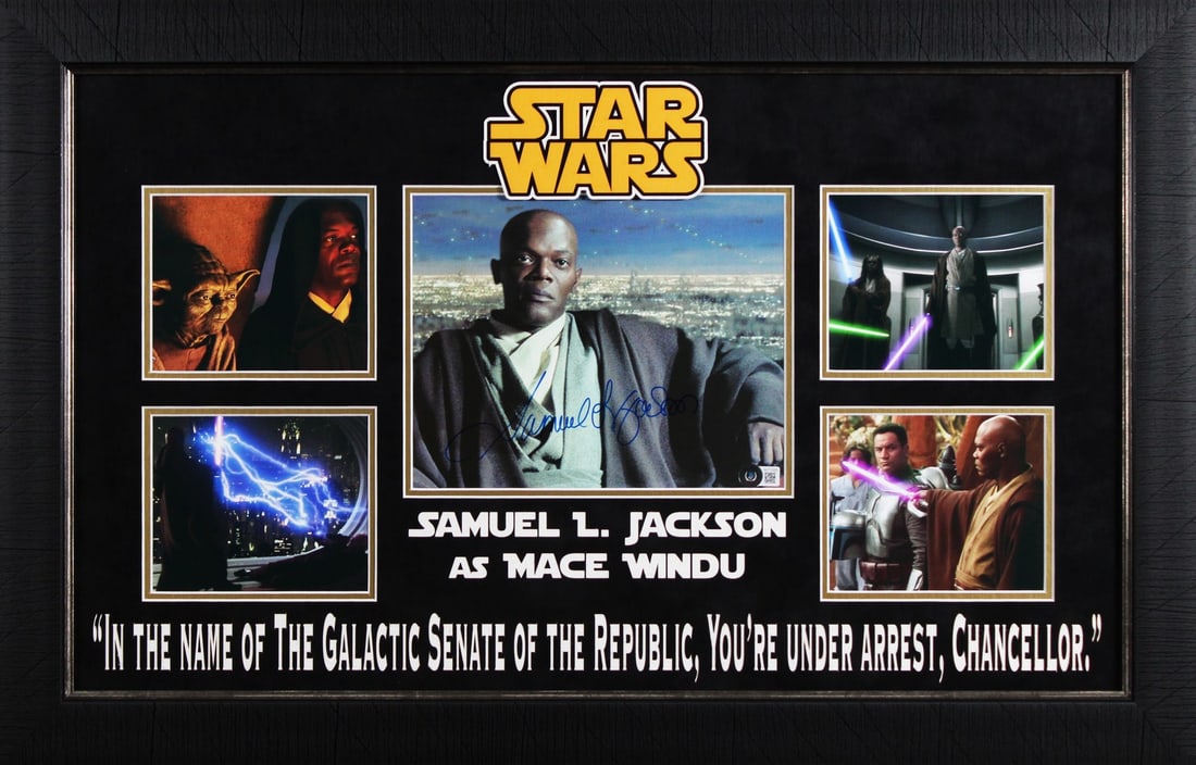 Framed 8x10 Photo Signed by Samuel L Jackson Star Wars Beckett Authenticated: Framed 8x10 Photo Signed by Samuel L Jackson Star Wars Beckett Authenticated This is an authentic 8x10 photograph from Star Wars, personally signed by Samuel L. Jackson. The item comes professionally 