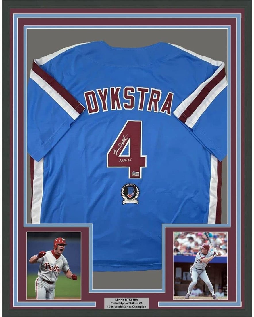 Framed Signed Lenny Dykstra Blue Retro Jersey JSA COA Gem Mint: Framed Signed Lenny Dykstra Blue Retro Jersey JSA COA Gem Mint Celebrate your love for baseball with this framed and autographed Lenny Dykstra blue retro jersey. This stunning piece features the iconi