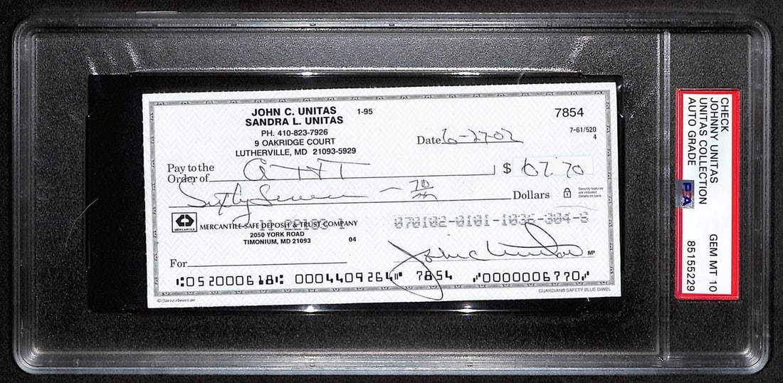 Johnny Unitas Signed Check PSA/DNA GEM MT 10 Baltimore Colts: Johnny Unitas Signed Check PSA/DNA GEM MT 10 Baltimore Colts Offered is an original Johnny Unitas signed bank check dated June 27, 2002, from his time with the Baltimore Colts. This check has been aut