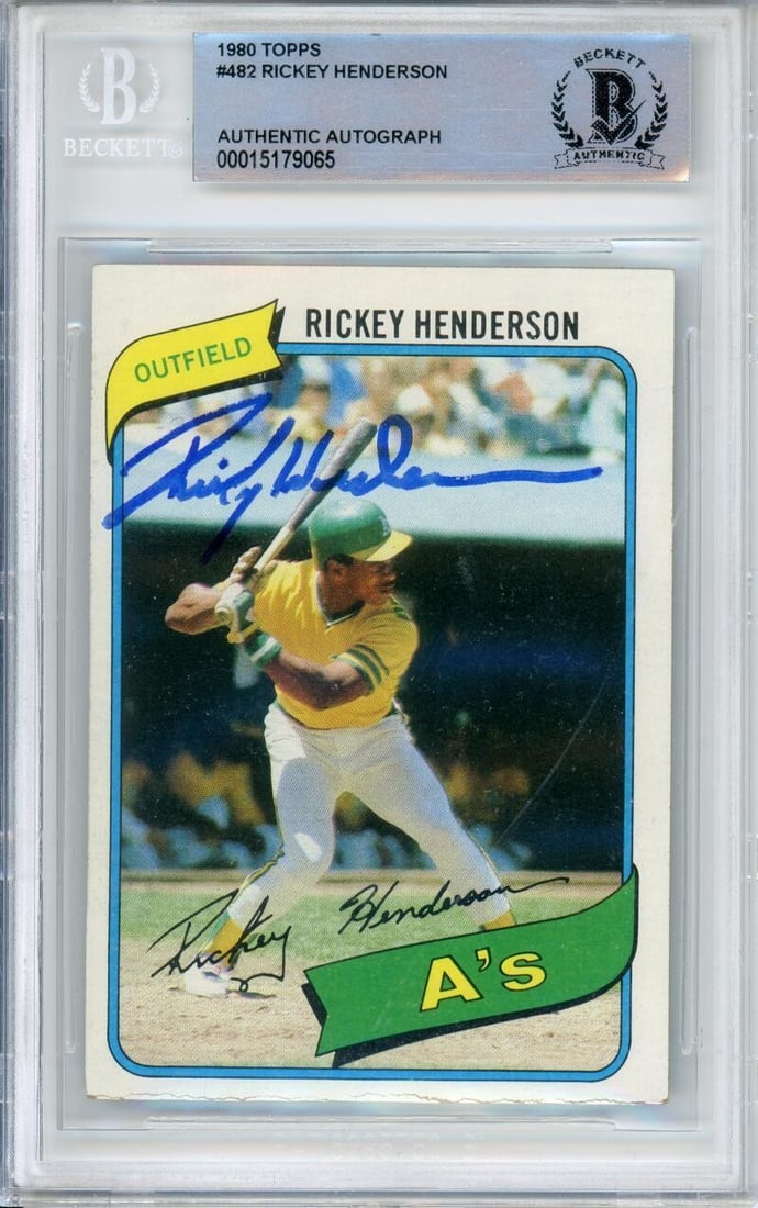 Rickey Henderson Rookie Card 1980 Topps #482 BAS Authenticated Signed Auto 10: Rickey Henderson Rookie Card 1980 Topps #482 BAS Authenticated Signed Auto 10 This is an original 1980 Topps #482 Rickey Henderson rookie card featuring his hand-signed autograph. The autograph has be