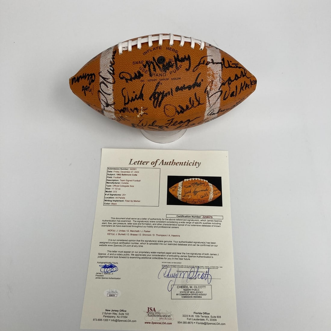 1962 Baltimore Colts Team Signed Football with Johnny Unitas JSA COA: 1962 Baltimore Colts Team Signed Football with Johnny Unitas JSA COA Celebrate the legacy of the Baltimore Colts with this authentic 1962 team-signed football. This Collette Official Size College 373 
