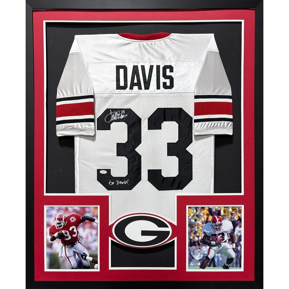 Terrell Davis Signed Framed Jersey JSA Authenticated Georgia UGA 42x34: Terrell Davis Signed Framed Jersey JSA Authenticated Georgia UGA 42x34 This is an autographed Terrell Davis framed jersey, showcasing the legendary player's signature. The jersey is authenticated by J