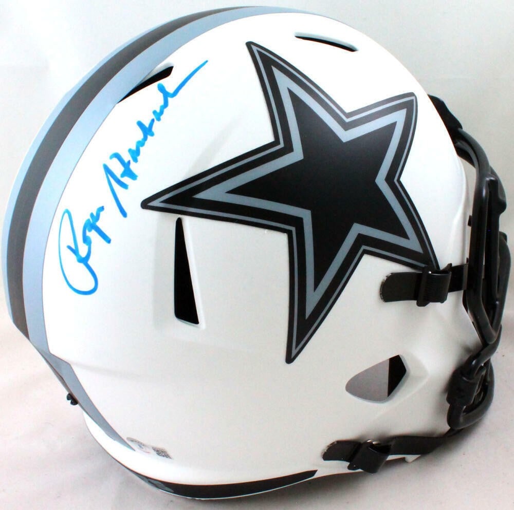 Roger Staubach Autographed Dallas Cowboys Lunar Speed Helmet Beckett: Roger Staubach Autographed Dallas Cowboys Lunar Speed Helmet Beckett This original Dallas Cowboys Lunar Speed full-size helmet is autographed by legendary player Roger Staubach. The signature is authe